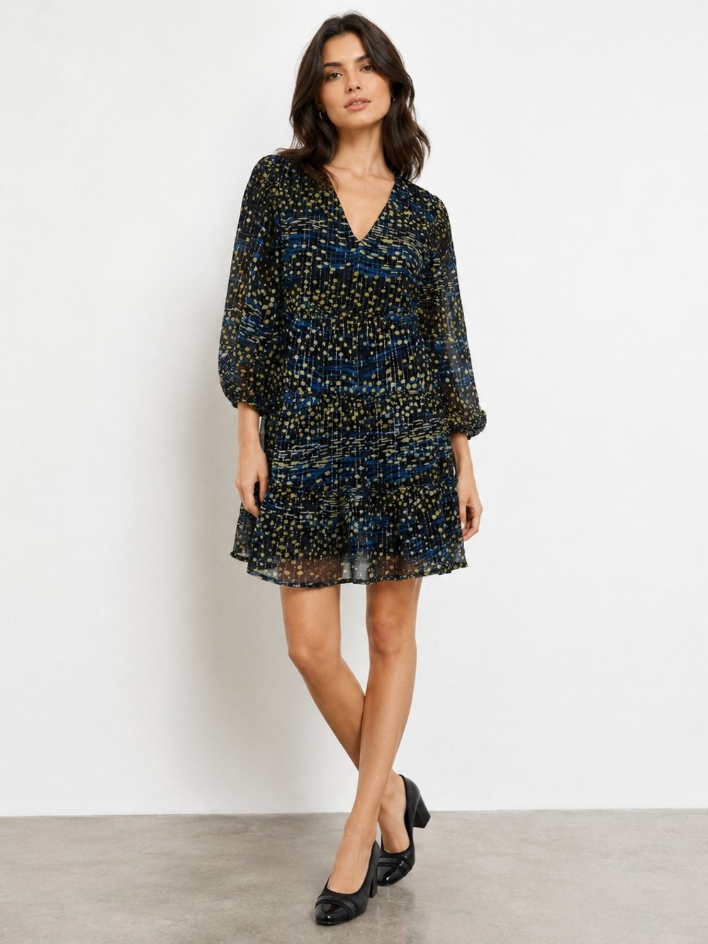 Blue Gold Boho Mini Dress Tiered Sheer Resort Vacation Balloon Sleeve NWT